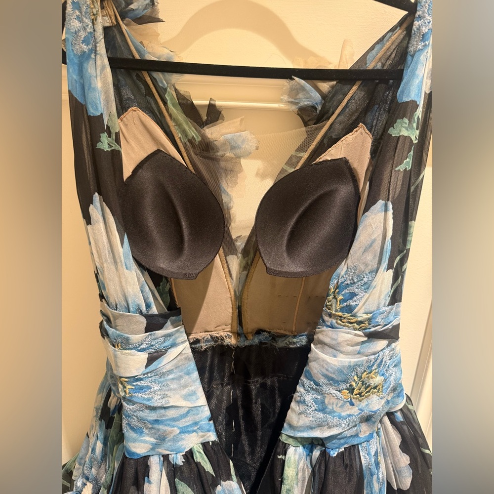MARCHESA COUTURE- Blue Floral Tiered V-Neck Evening Dress - Picture 4 of 9